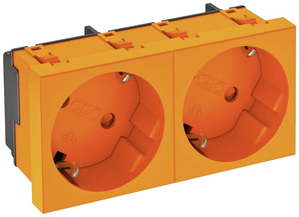 Doppia presa elettrica in arancione brillante con cornice nera, adatta per l'installazione in sistemi elettrici.