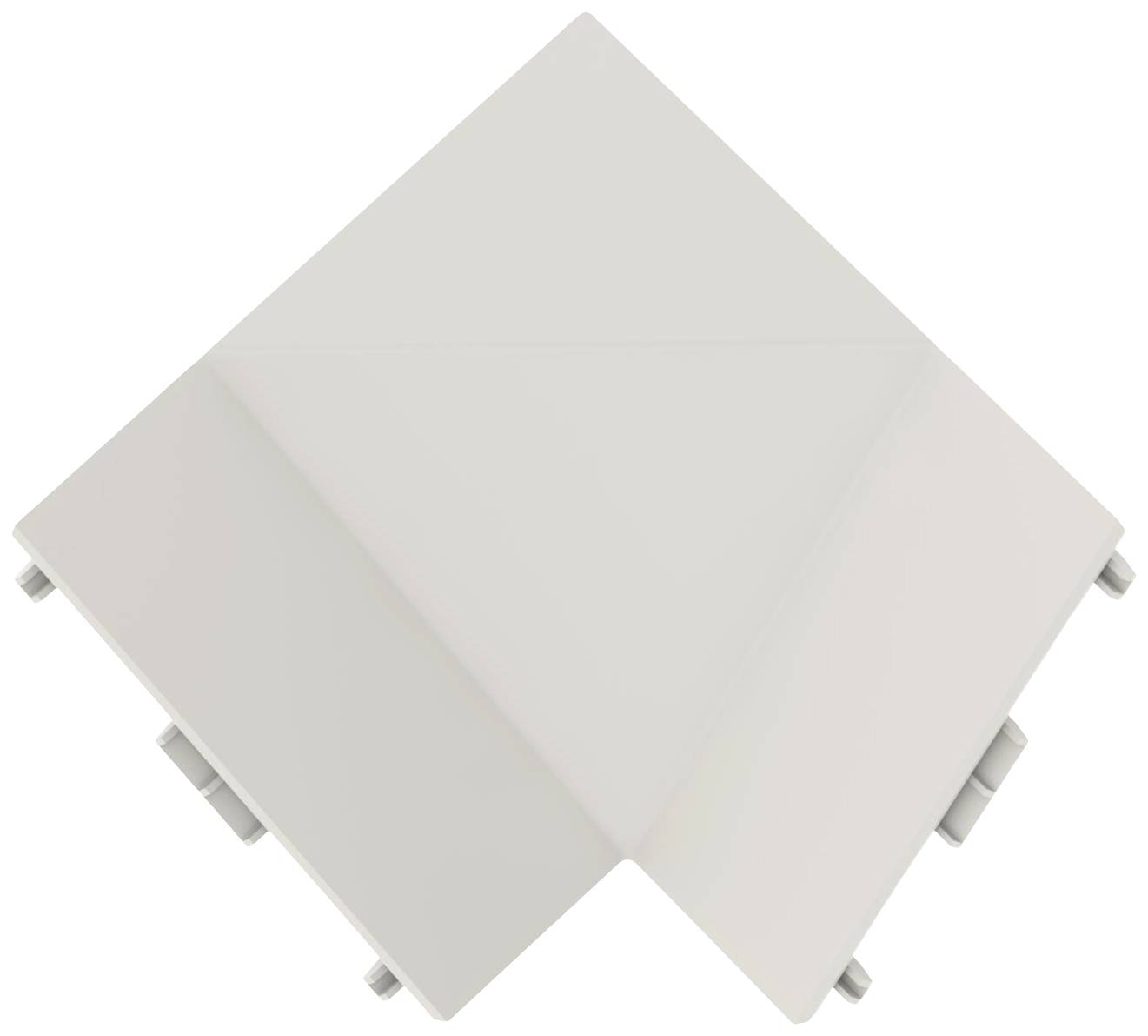 Un coperchio grigio, triangolare, con bordi arrotondati e diversi supporti sui lati.