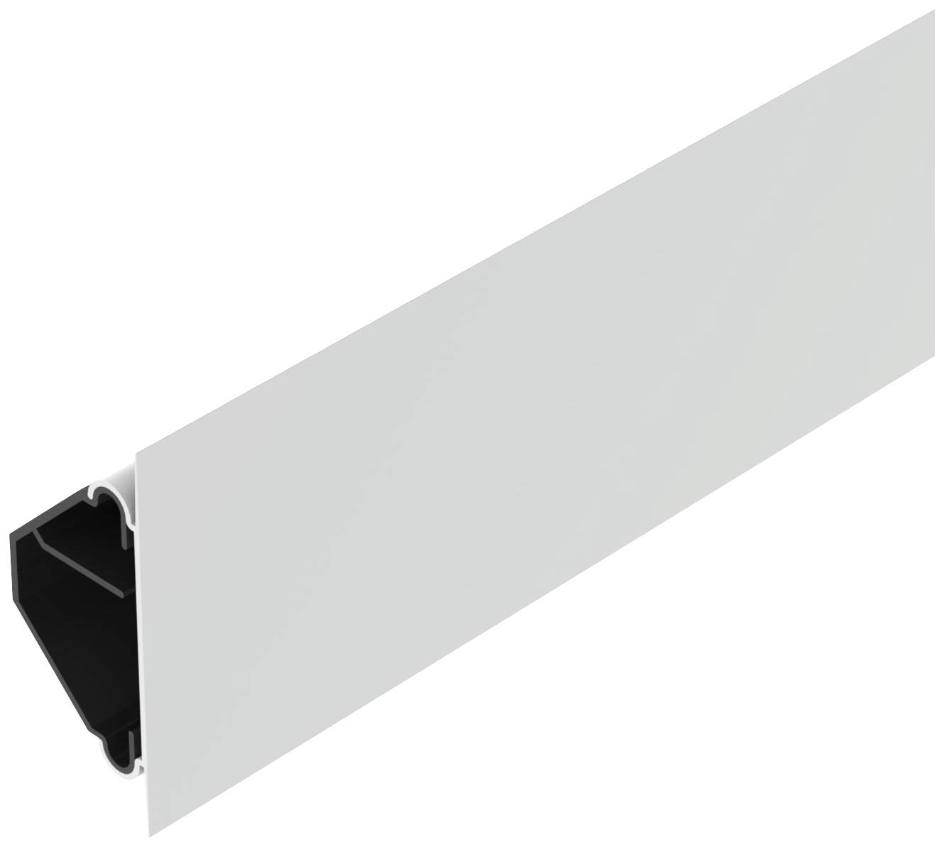Pannello bianco con clip di fissaggio nero sul lato sinistro. Pannello per il montaggio orizzontale a parete.