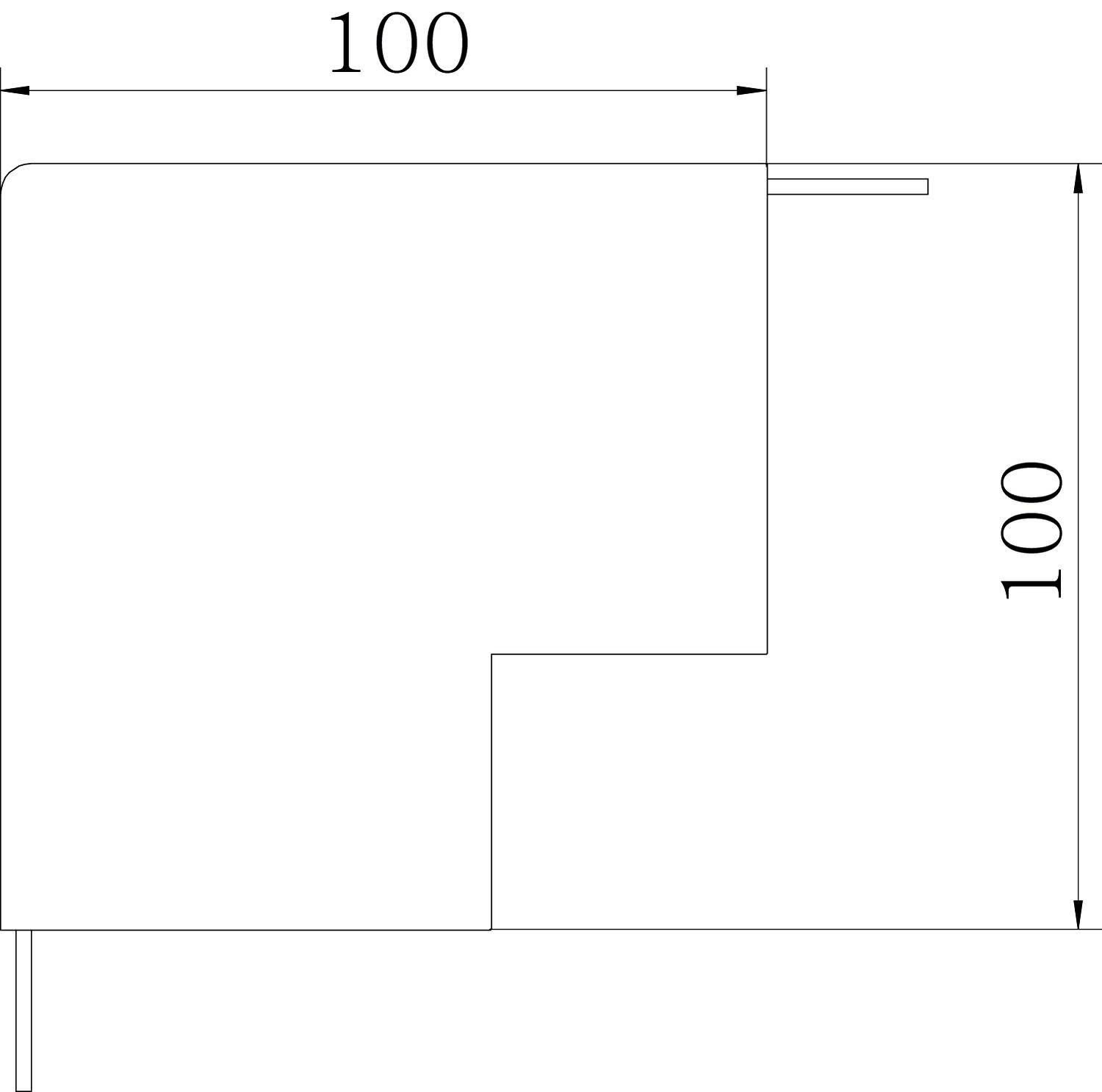 Disegno tecnico di un pezzo angolare con sezione quadrata. Lunghezze dei lati: 100 mm x 100 mm.