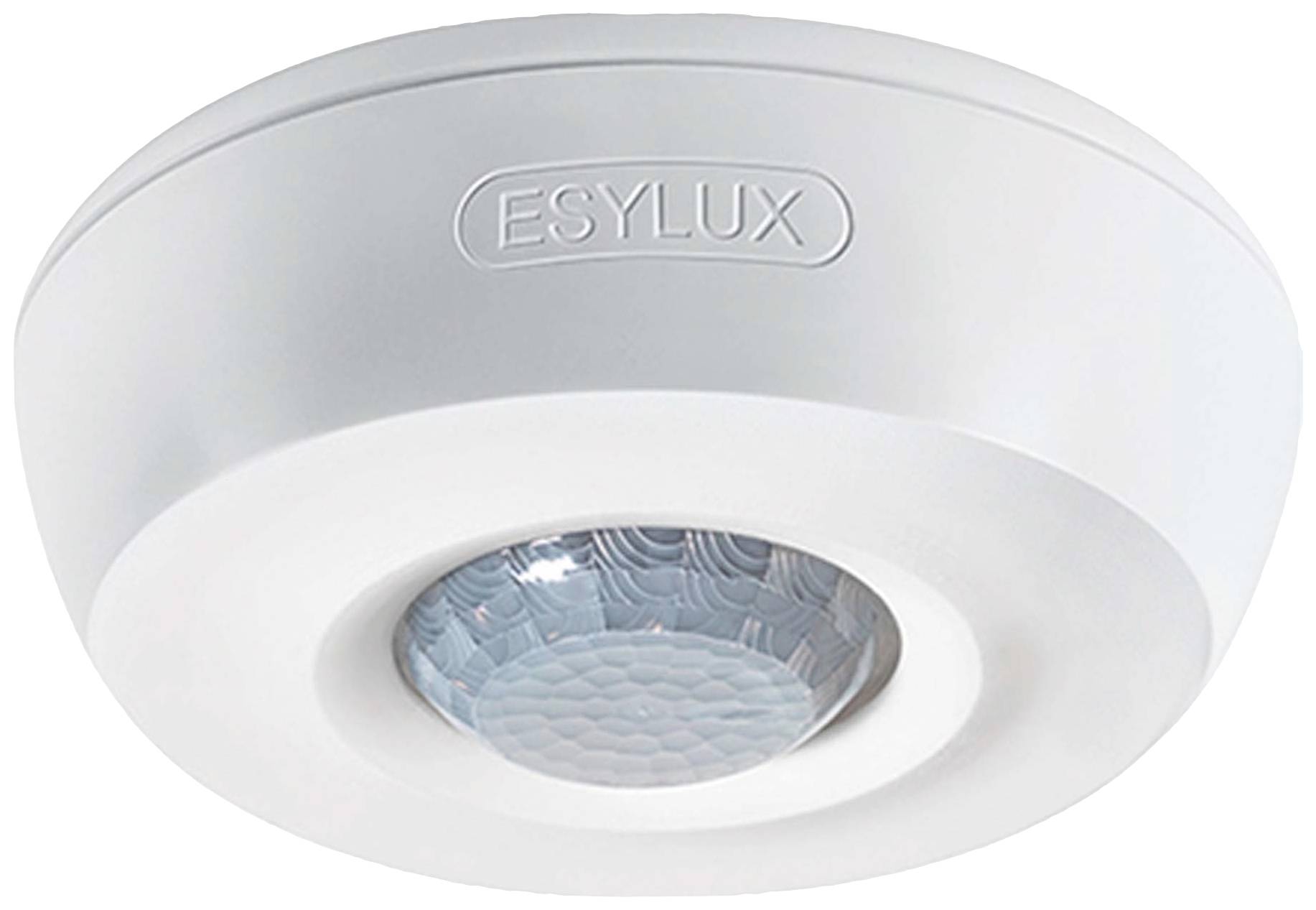 Un rilevatore di movimento rotondo, bianco, con la scritta 'ESYLUX' sulla parte superiore.