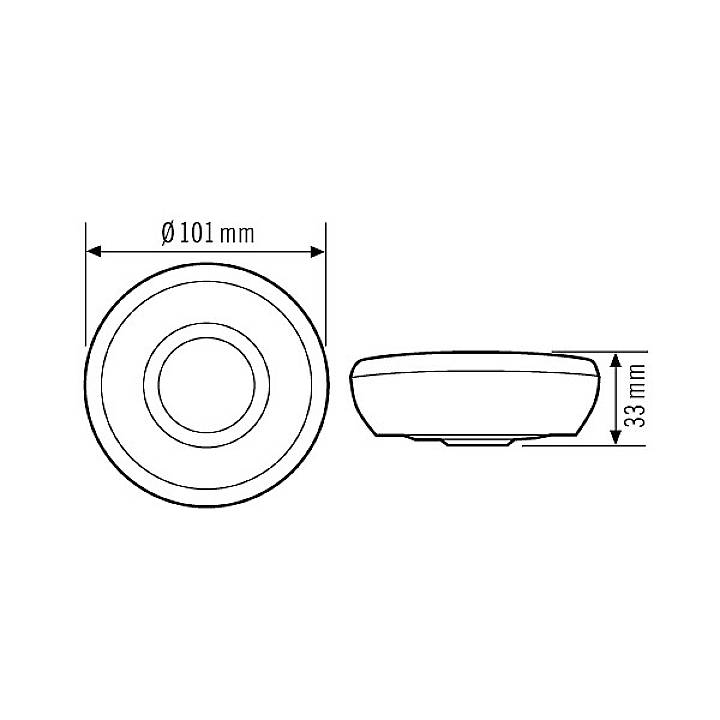 Disegno tecnico di un sensore rotondo, diametro 101 mm, altezza 33 mm, vista laterale e vista dall'alto mostrate.