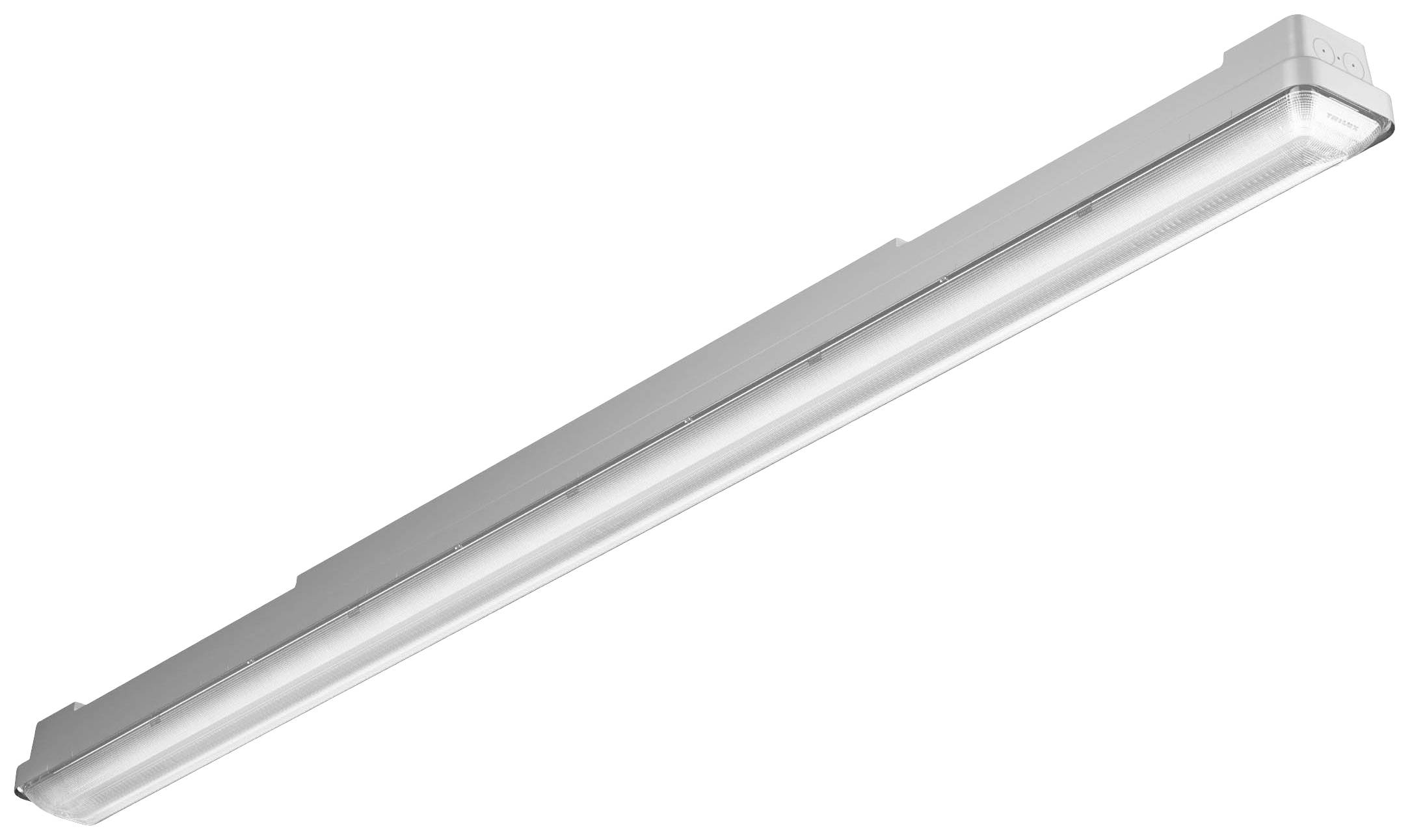 Una lunga plafoniera LED rettangolare in supporto bianco, adatta per l'installazione a soffitto in ambienti interni, offre un'illuminazione uniforme.