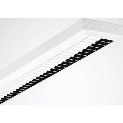 Plafoniera lineare bianca con griglia nera, montata su un soffitto grigio.