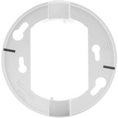 Un supporto rotondo, bianco e vuoto in plastica, con diversi fori di fissaggio per il montaggio su una parete o altra superficie.