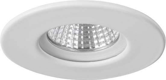 Faretto LED rotondo da incasso di colore bianco con copertura riflettente e a griglia. Adatto per illuminazione a soffitto moderna.