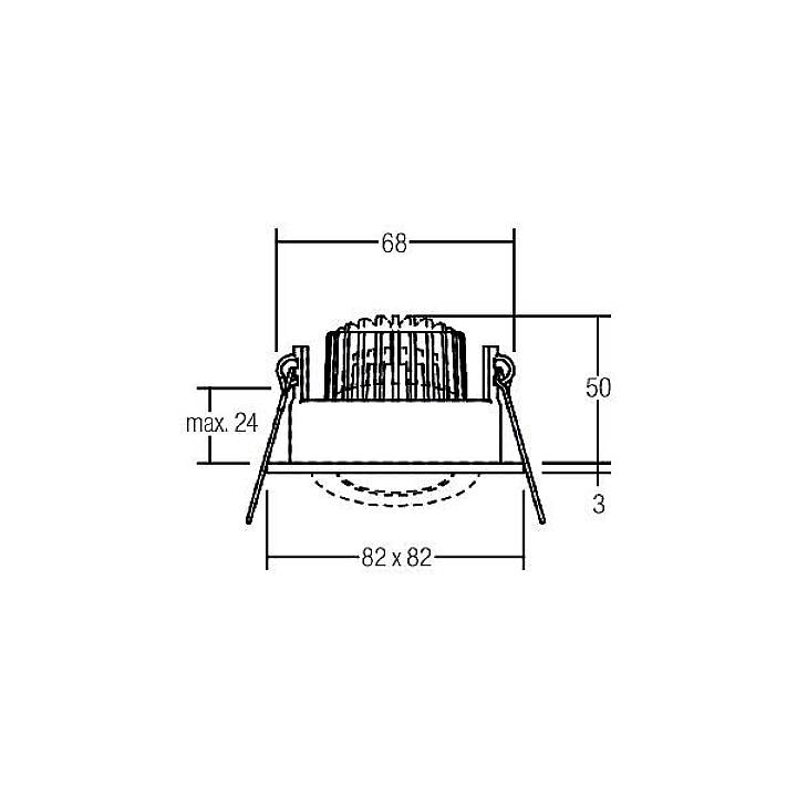 Disegno tecnico di un downlight da incasso quadrato con dimensioni: larghezza 82 x 82 mm, altezza 50 mm, profondità di installazione max. 24 mm.