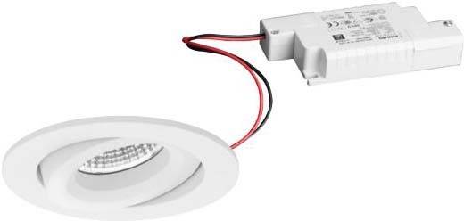 Faretto da incasso con cornice bianca e trasformatore integrato, idoneo per il montaggio a soffitto in ambienti interni.