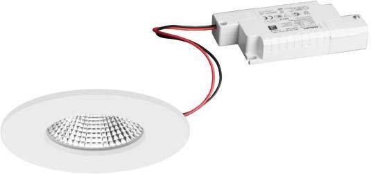 Un faretto da incasso a soffitto rotondo, bianco, con LED, i cui cavi collegano il proiettore a un trasformatore bianco.