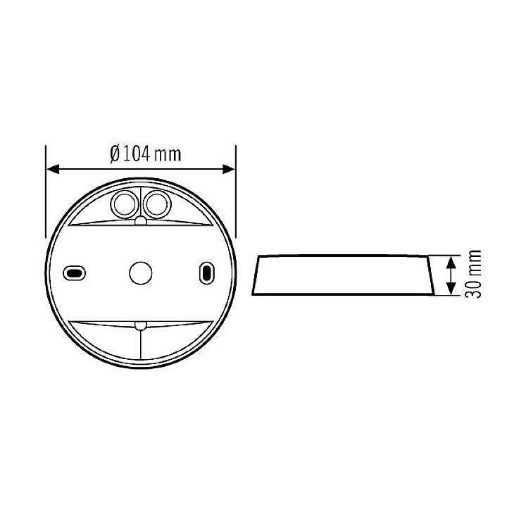 Disegno di un oggetto circolare con diametro di 104 mm e altezza di 30 mm, che mostra dettagli tecnici e misure.