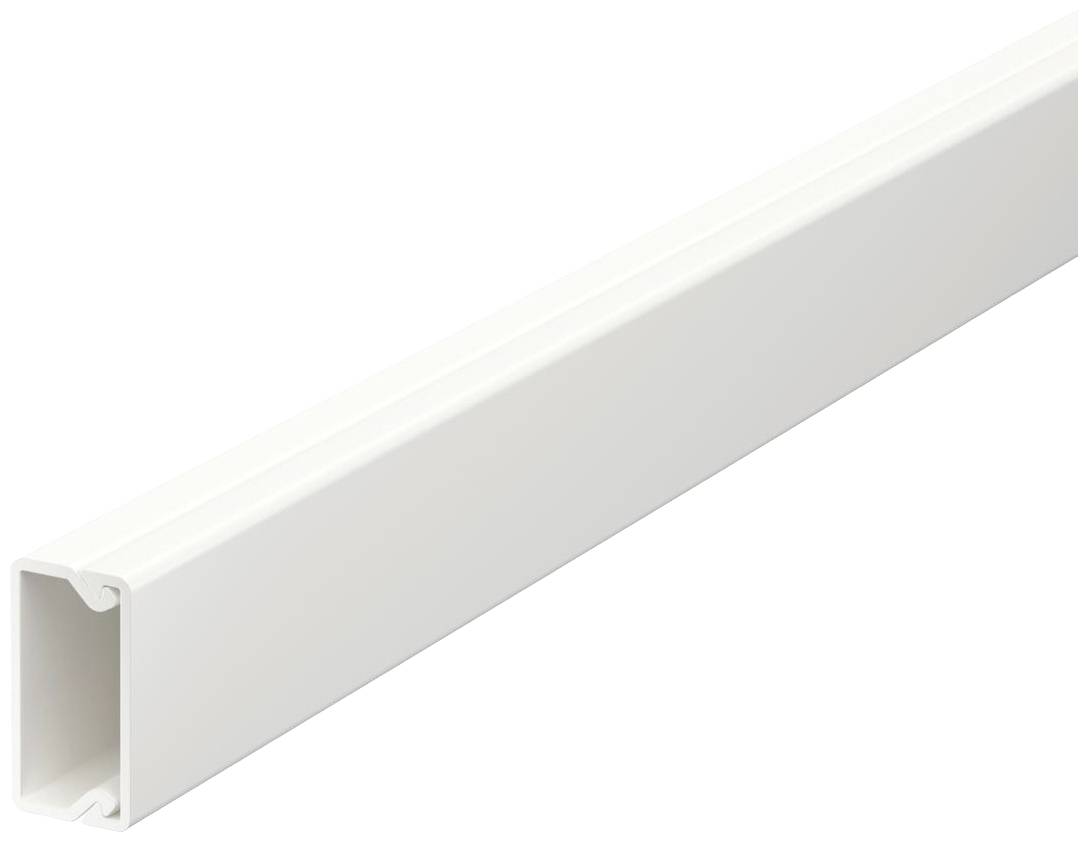 Un canale per cavi rettangolare, bianco, per la gestione e il mascheramento dei cavi. Adatto per l'installazione ordinata di cavi a parete.