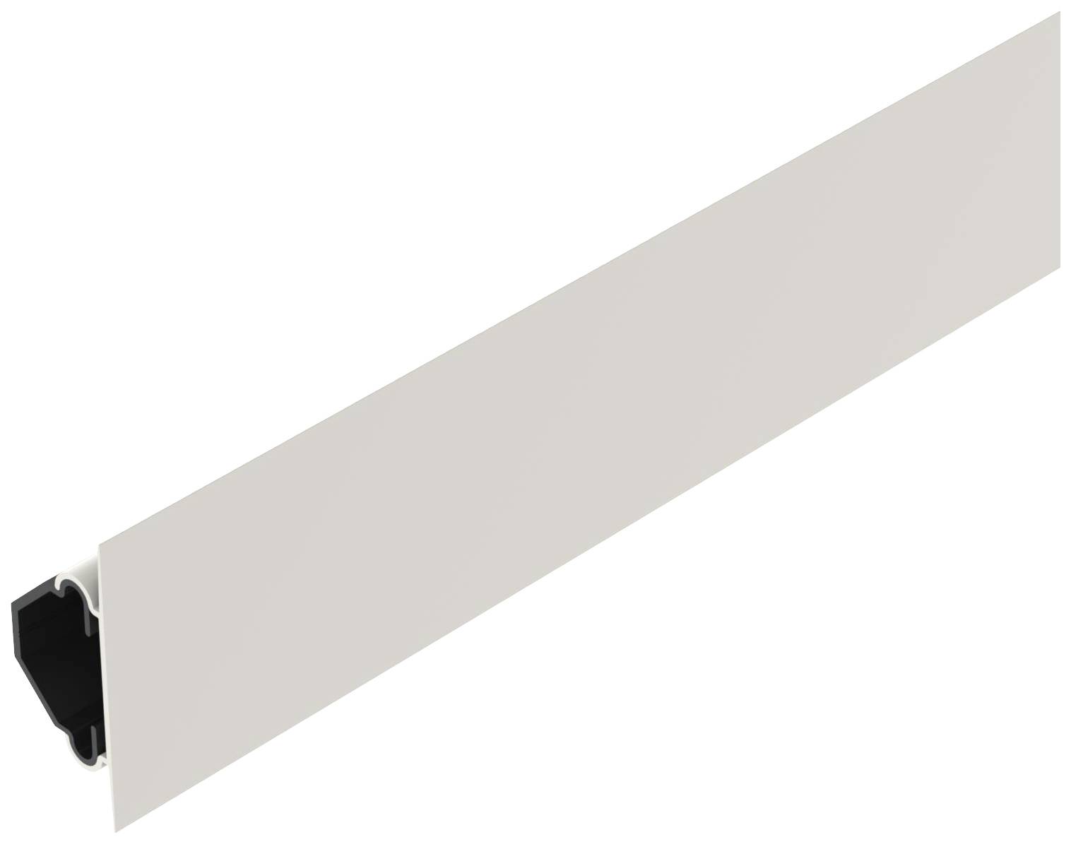 Un profilo in acciaio lungo e rettangolare color grigio chiaro con un elemento quadrato nero all'estremità. Appare minimale e moderno.