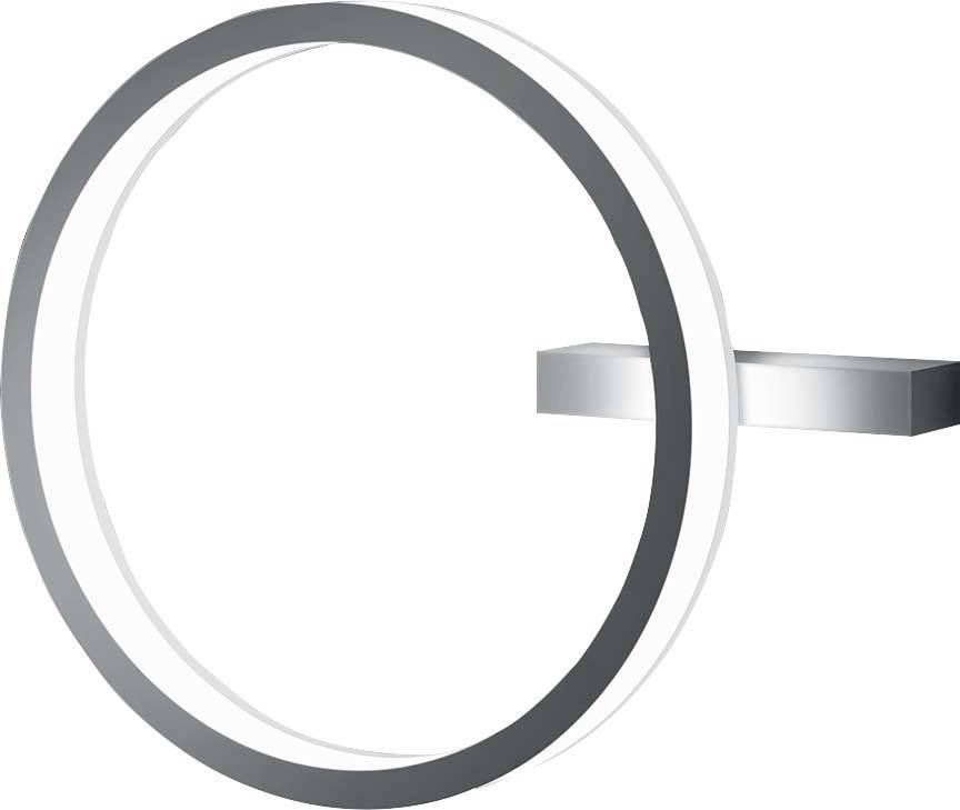 Uno specchio da parete moderno, circolare, color argento con un supporto rettangolare laterale.