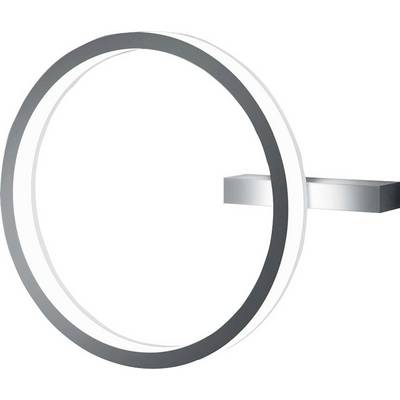Uno specchio da parete moderno, circolare, color argento con un supporto rettangolare laterale.
