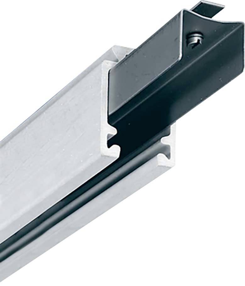Canale di guida metallico, rettangolare con inserto nero, probabilmente per uso industriale o elettrico.