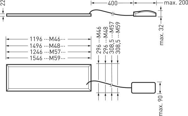 Disegno tecnico di un oggetto rettangolare con dimensioni. Larghezza: da 1196 a 1546 mm. Altezza: 22 mm, Profondità: 400 mm.
