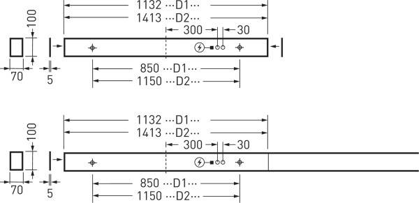 Disegno tecnico con due barre rettangolari, misure numerate e fori. In alto: misure 1132, 1413. In basso: misure 850, 1150.