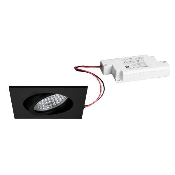 Faretto da incasso LED nero, rettangolare, con cavo di collegamento, abbinato a un trasformatore bianco. Idoneo per l'installazione a soffitto.