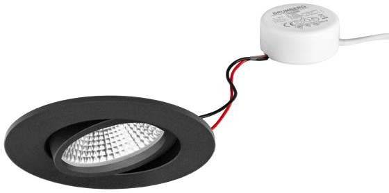 Un faretto LED da incasso con cornice nera e trasformatore collegato a due cavi. Ideale per l'illuminazione a soffitto.