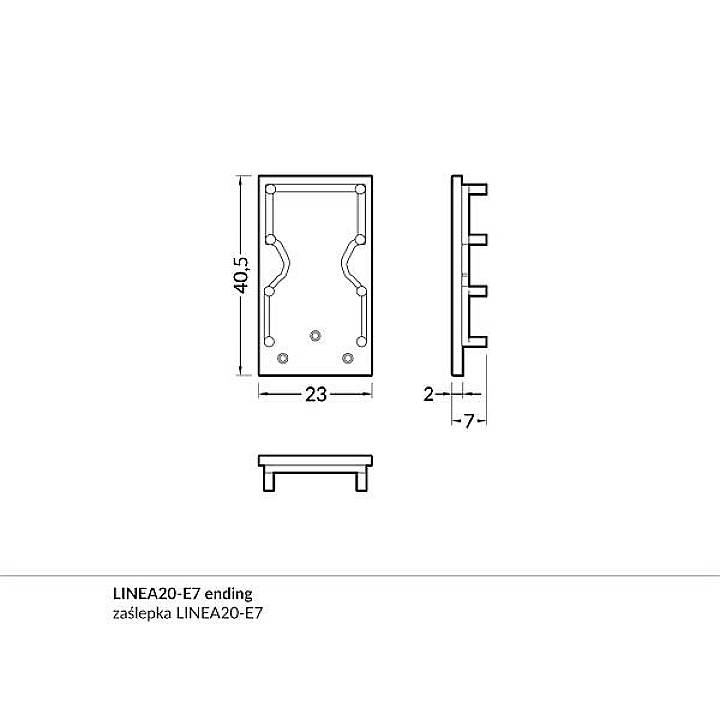 'Disegno tecnico di un tappo terminale LINEA20-E7 con misure: altezza 40,5 mm, larghezza 23 mm, profondità 7 mm. Vista laterale rappresentata.'