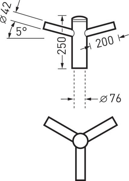 Disegno tecnico di un distributore di tubi con dimensioni: tubi Ø42, angolo di inclinazione 5 gradi, lunghezze 250 mm e 200 mm, distributore Ø76.