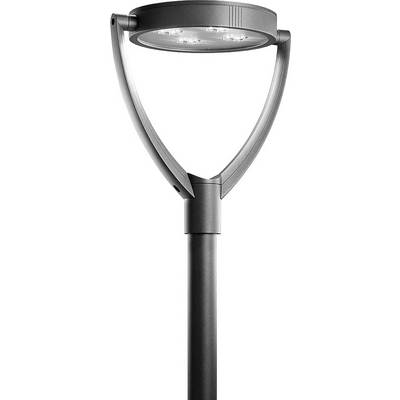 Lampione stradale moderno con testa luminosa LED rotonda, struttura argentata e design essenziale. Ideale per l'illuminazione urbana.