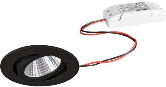 Plafoniera LED nera con corpo circolare, collegata a un trasformatore bianco tramite cavi rossi e neri.