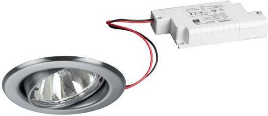 Faretto LED da incasso argentato con cavi di connessione parzialmente visibili. Adatto per installazioni a soffitto in ambienti residenziali o commerciali.