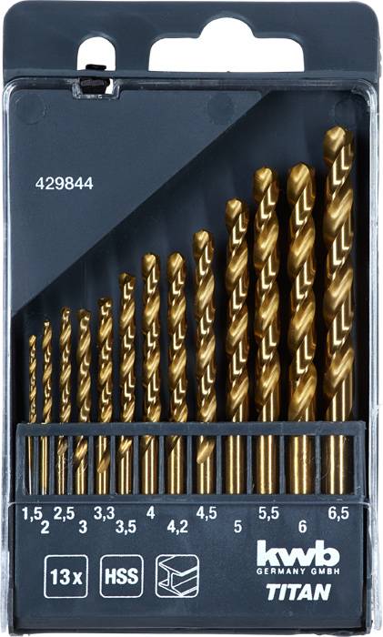 Set di punte con 13 punte in titanio di diverse dimensioni da 1,5 a 6,5 mm. Confezione con loghi e numero di prodotto in alto a sinistra.