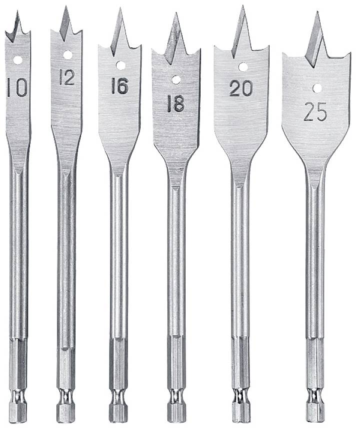 Sei punte a taglio piatte di diverse dimensioni (10, 12, 16, 18, 20, 25 mm) sono disposte una accanto all'altra. Vengono utilizzate per forare il legno.