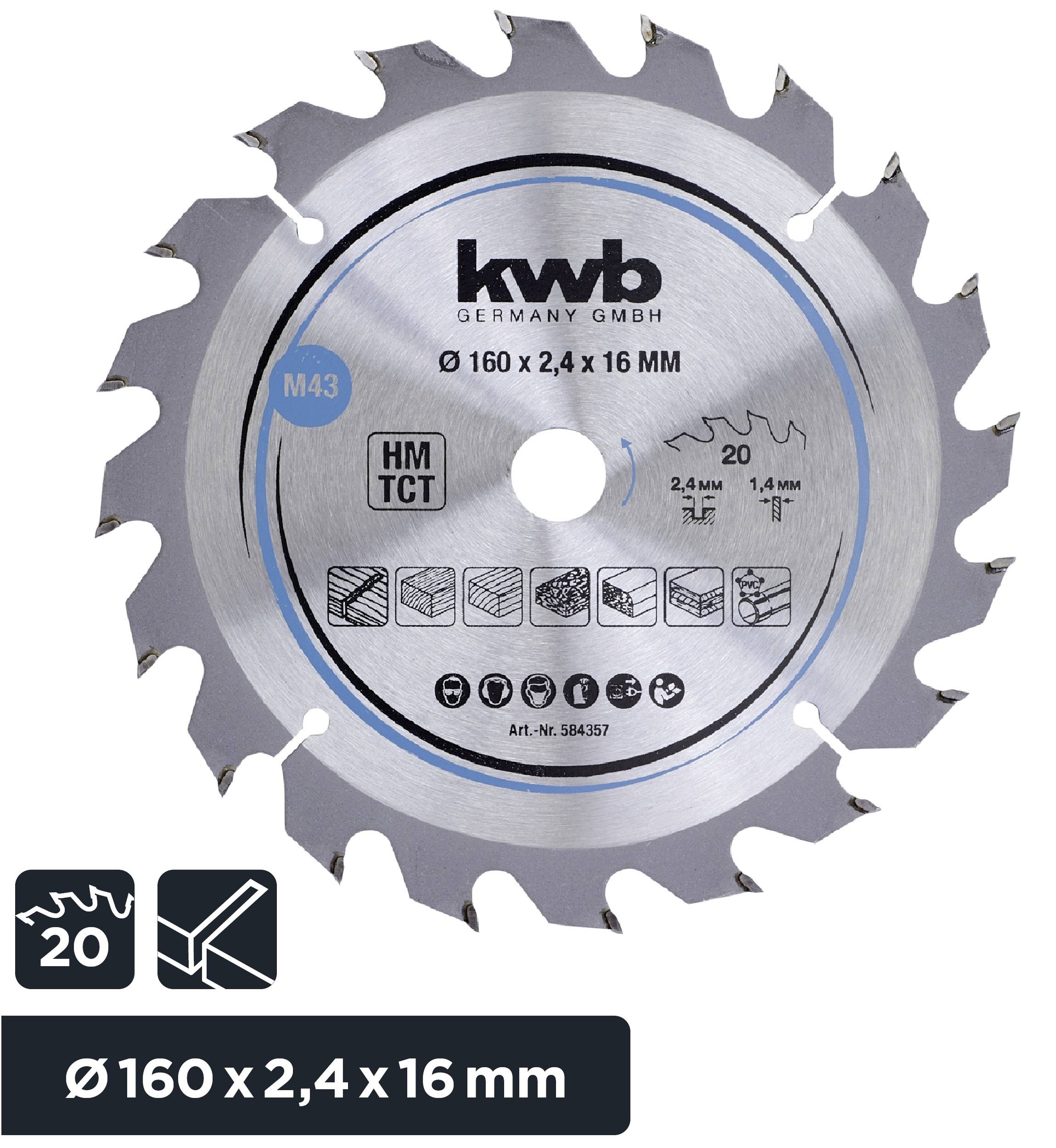 Lama per sega circolare Kwb per legno, diametro 160 mm, 20 denti, materiale HM/TCT, larghezza di taglio 2,4 mm, foro 16 mm.