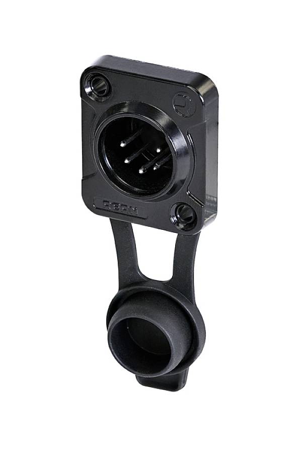 Un connettore nero in plastica con presa rotonda e coperchio rimovibile. Idoneo per connessioni elettriche.