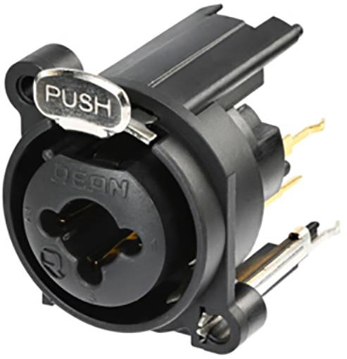 Presa femmina con apertura circolare e tre piedini, con testo impresso 'PUSH' sopra, utilizzabile per connessioni audio o video.