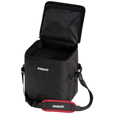 Borsa Parat nera con cinghia regolabile, aperta, che mostra diversi scomparti per la conservazione di tablet o dispositivi tecnologici.