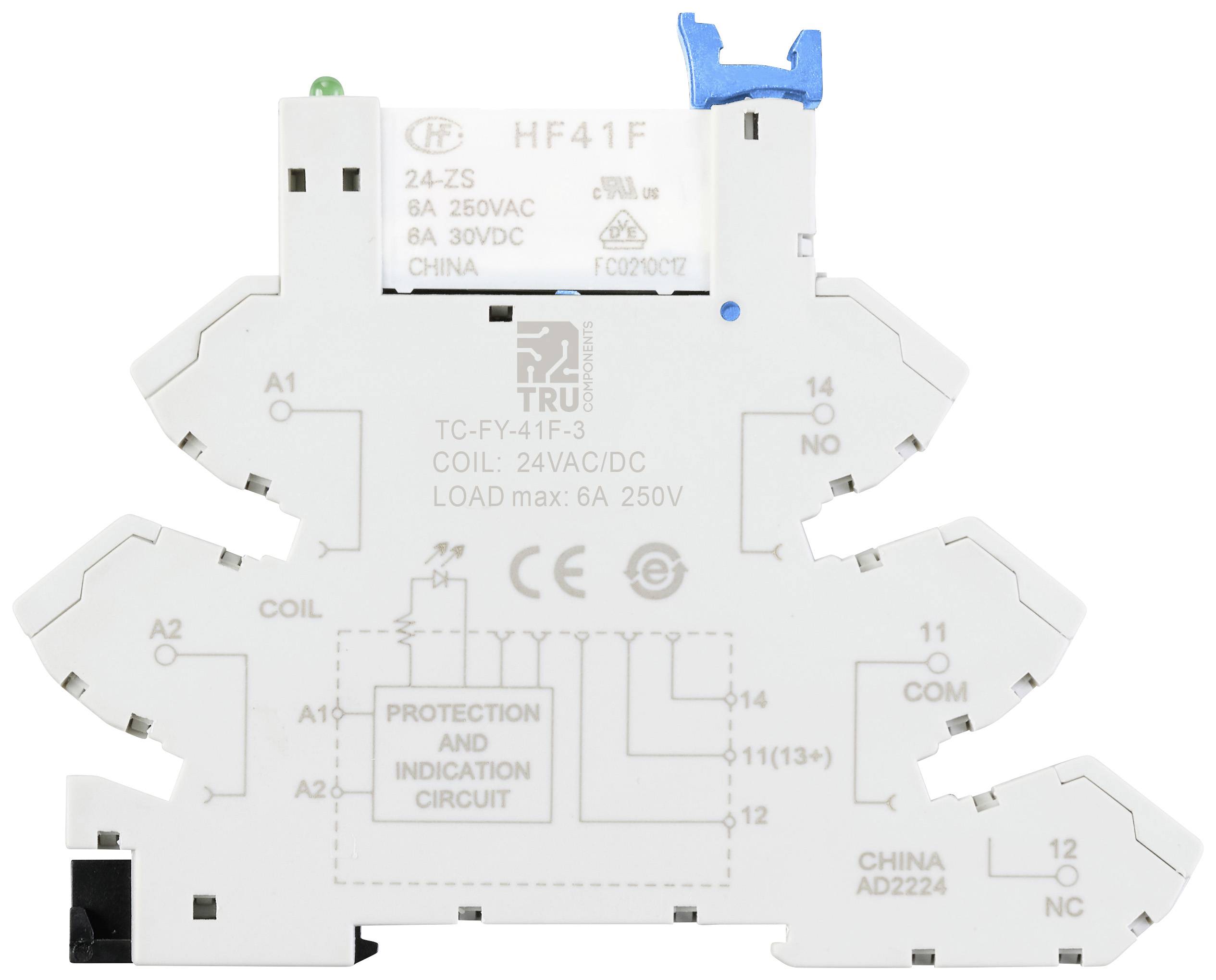 Un relè elettrico con la scritta 'HF41F', adatto per 24VAC/DC, corrente di carico 6A, 250V. Mostra il diagramma del circuito e i contrassegni di connessione.