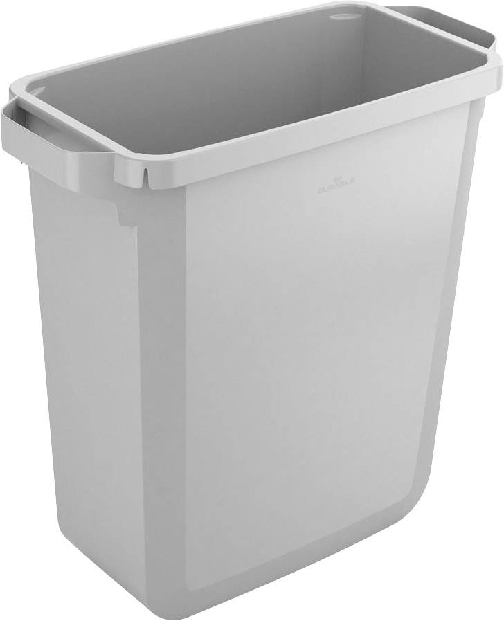 Cestino rettangolare grigio in plastica, privo di coperchio, con maniglie sui lati.