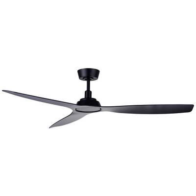 Un ventilatore da soffitto moderno, nero, con tre pale sottili, fissato a un braccio corto.