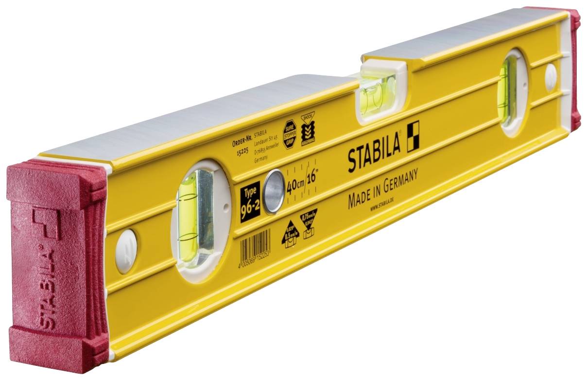 Livella a bolla gialla con due bolle e tappi terminali rossi, marca 'Stabila', con incisione 'Made in Germany'.