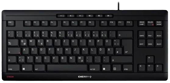 Tastiera nera per computer con layout tedesco QWERTZ, fila di tasti funzione in alto e blocco di navigazione e numerico extra a destra.