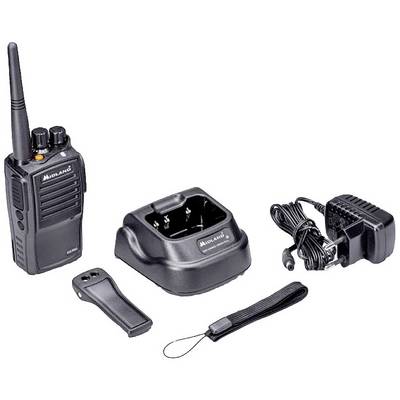 Set Walkie-Talkie: Un walkie-talkie con antenna, stazione di ricarica, clip per cintura e cavo di alimentazione. Tutti i componenti sono neri.