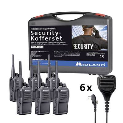 Set di walkie-talkie di sicurezza con sei dispositivi e accessori, ideale per eventi e servizi di sicurezza. Custodia portatile sullo sfondo.