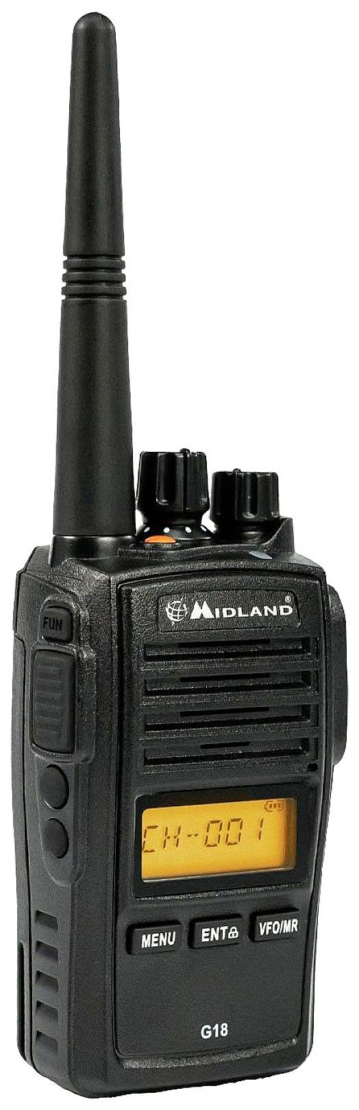 Un ricetrasmettitore portatile nero con display digitale e antenna, modello 'Midland G18', mostra 'CH-001' sullo schermo.