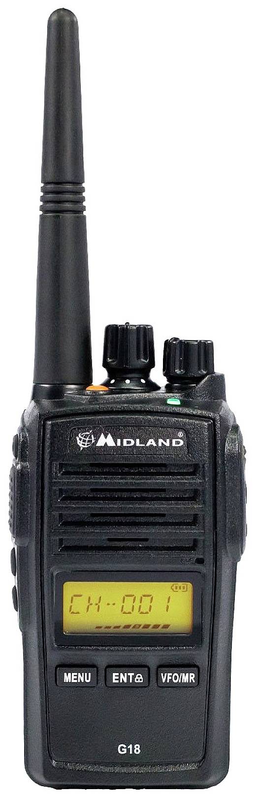 Un ricetrasmettitore portatile con antenna e display, che mostra il canale 'CH-001'. Nella parte superiore sono visibili comandi di controllo e il marchio 'Midland'.