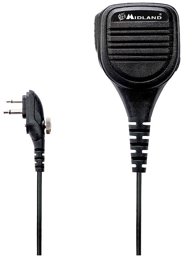 Microfono nero con griglia del diffusore e cavo che può essere collegato a un apparecchio radio. Nome del marchio in alto a destra.