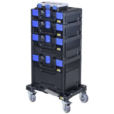 Carrello porta attrezzi nero con quattro scatole impilabili, chiusure blu e ruote. Ideale per lo stoccaggio e il trasporto di utensili.