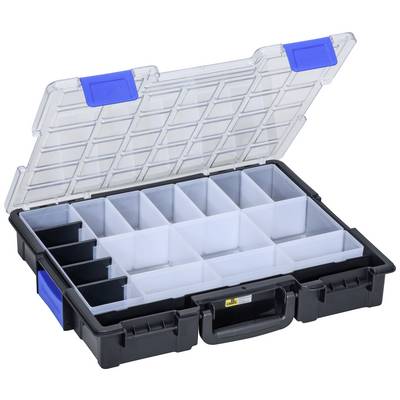 Un organizer in plastica trasparente con chiusura blu, suddiviso in più scompartimenti quadrati per la conservazione.