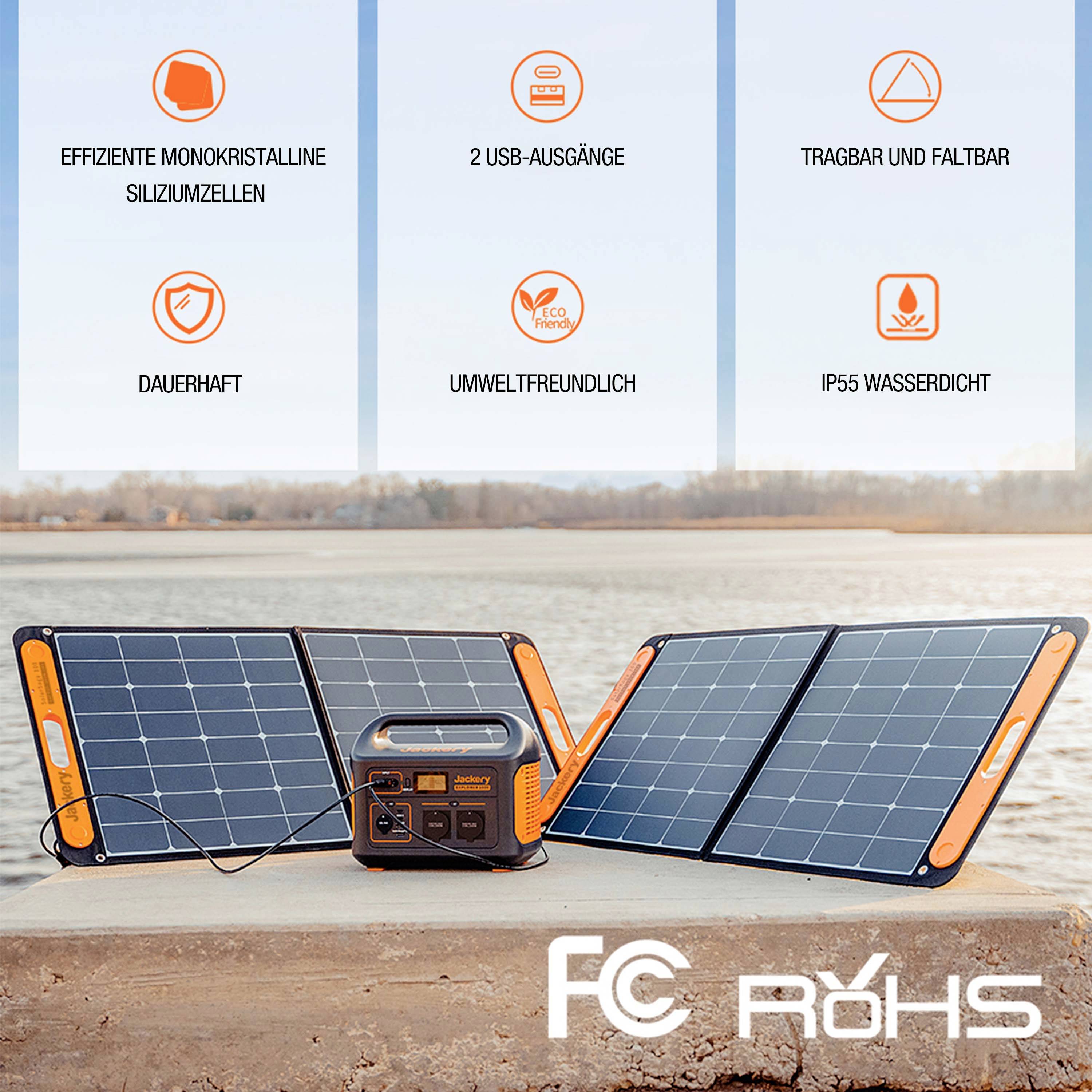 'Set caricabatterie solare con due pannelli e generatore portatile. Testo: Celle solari monocristalline efficienti, sostenibili, ecologiche, due uscite USB, portatile e pieghevole, impermeabile IP55.'