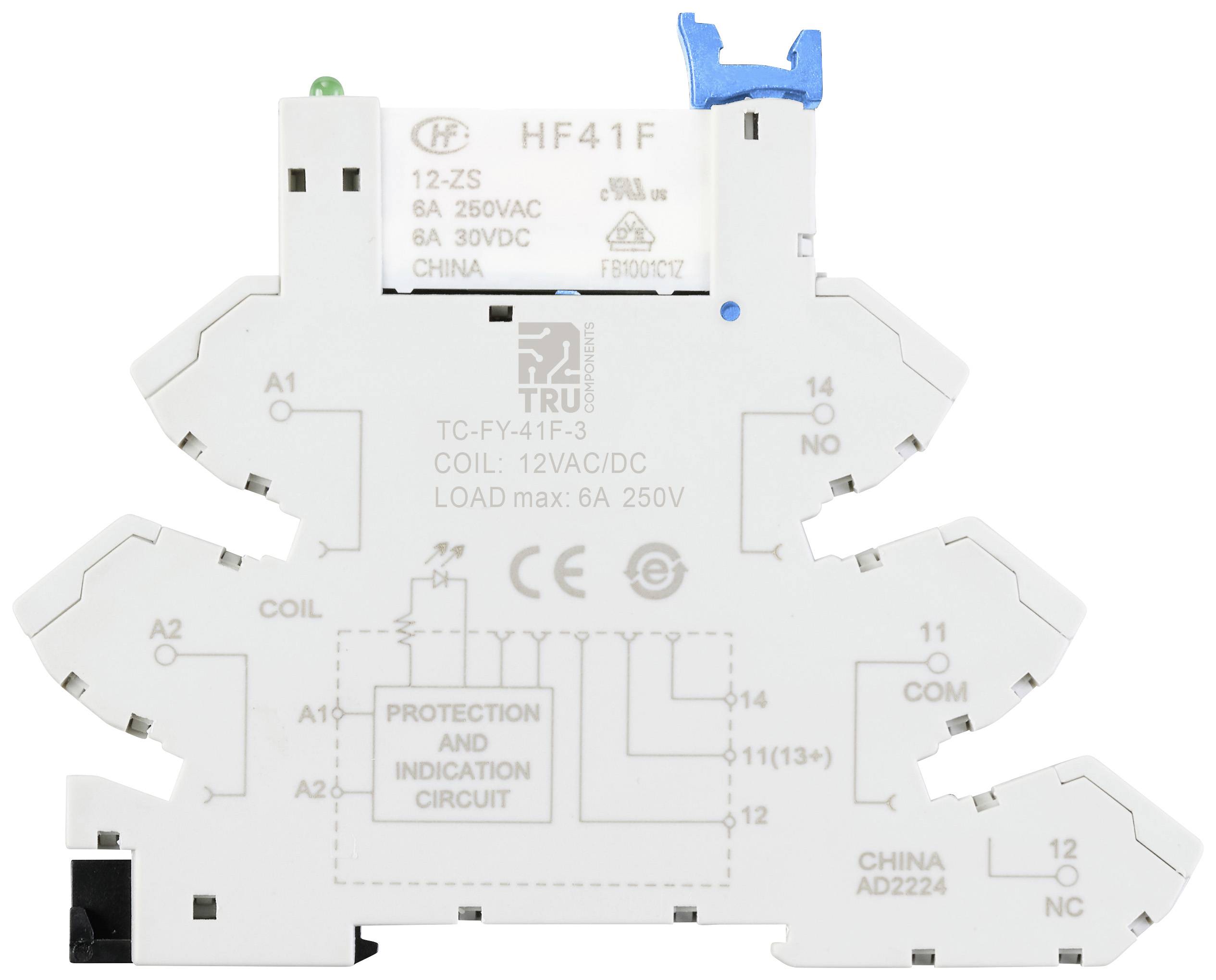 'Modulo relè HF41F' con simboli elettrici di commutazione e specifiche. Corrente nominale: 6A, Tensione: 250VAC/30VDC. Marca e numero modello stampati.