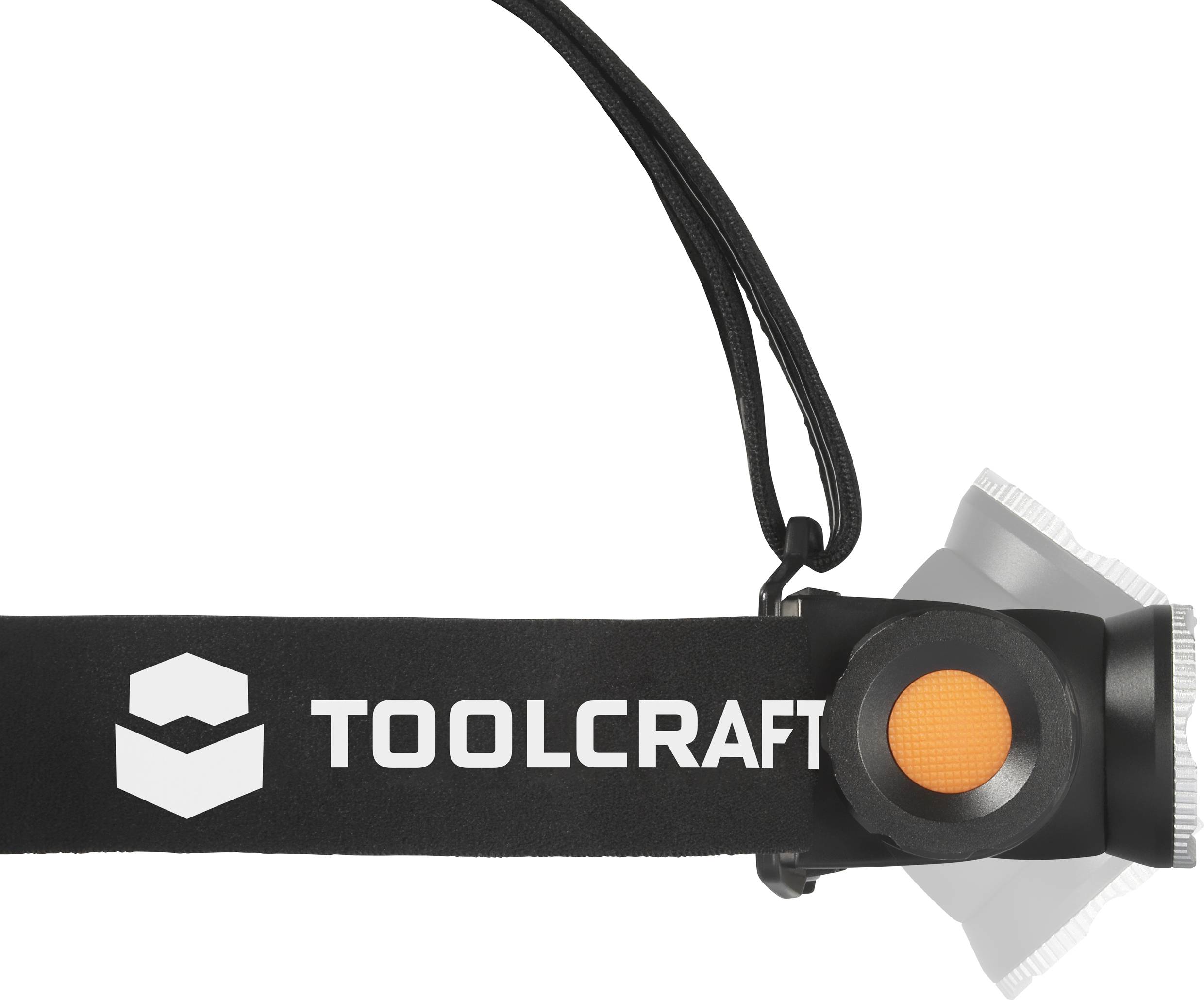 Fascia nera per la testa con logo 'Toolcraft' bianco e un pulsante arancione sul lato, probabilmente destinato a un'illuminazione.