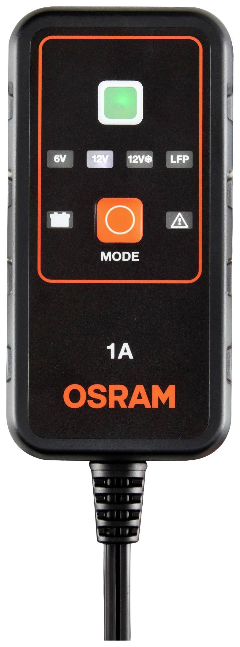 Un caricabatterie nero OSRAM mostra le modalità di carica per 6V, 12V, 12V/8A e LFP. Display illuminato in verde, tasto "MODE".